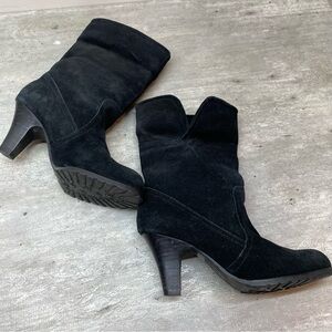 Classic Black Suede Ankle Booties with Stacked Heel